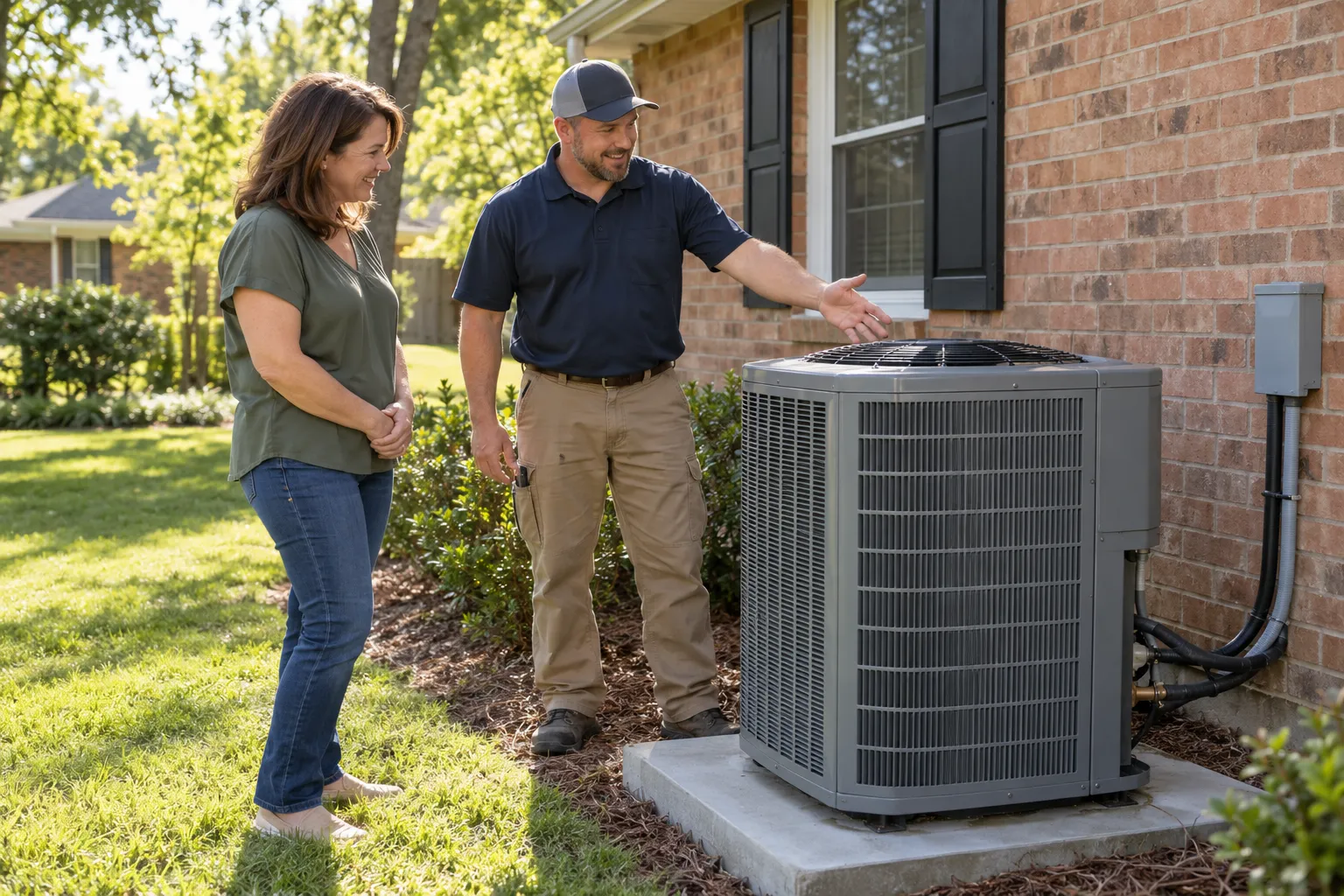 Friendly HVAC provider showing a homeowner a new outdoor air conditioner beside a ranch home in Lorain