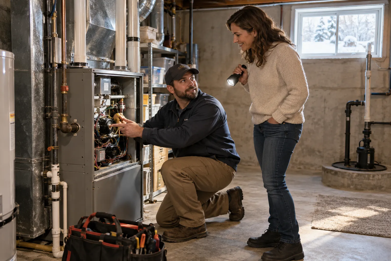 A friendly local HVAC provider checking a home furnace in a basement in Lorain