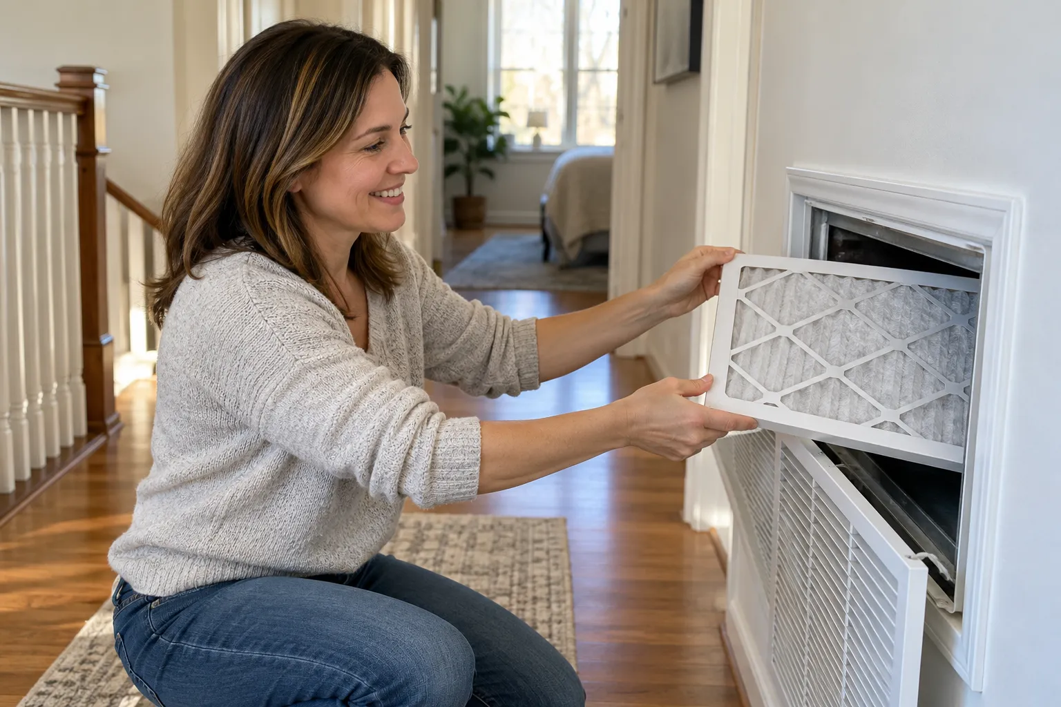 A homeowner in the Lorain area changing an air filter at home
