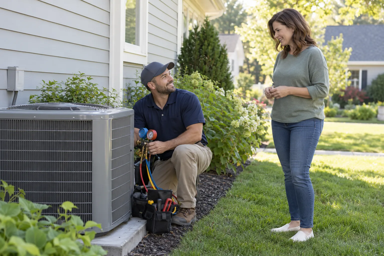 A homeowner in Lorain looking at a thermostat while a friendly HVAC provider checks an outdoor air conditioner